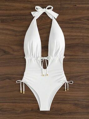 White Halter One-Piece Swimsuit with Front and Side Tie Details